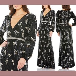 NWT $1598 Mac Duggal Embellished Wrap‎ Over Bishop Sleeve Gown Black Style 93616